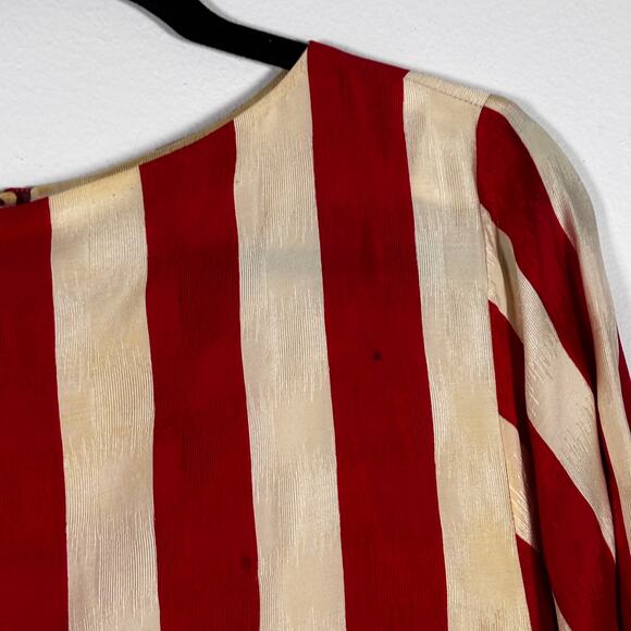 Vintage 1980s Flora Kung Silk Red White Striped Dress Damask Wounded Bird AS IS - Picture 7 of 16